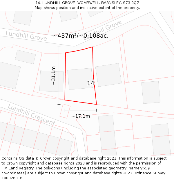 14, LUNDHILL GROVE, WOMBWELL, BARNSLEY, S73 0QZ: Plot and title map