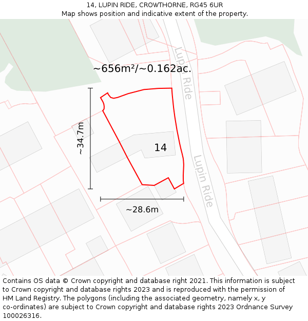 14, LUPIN RIDE, CROWTHORNE, RG45 6UR: Plot and title map