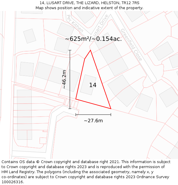 14, LUSART DRIVE, THE LIZARD, HELSTON, TR12 7RS: Plot and title map