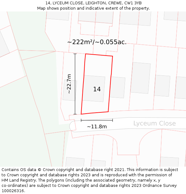 14, LYCEUM CLOSE, LEIGHTON, CREWE, CW1 3YB: Plot and title map