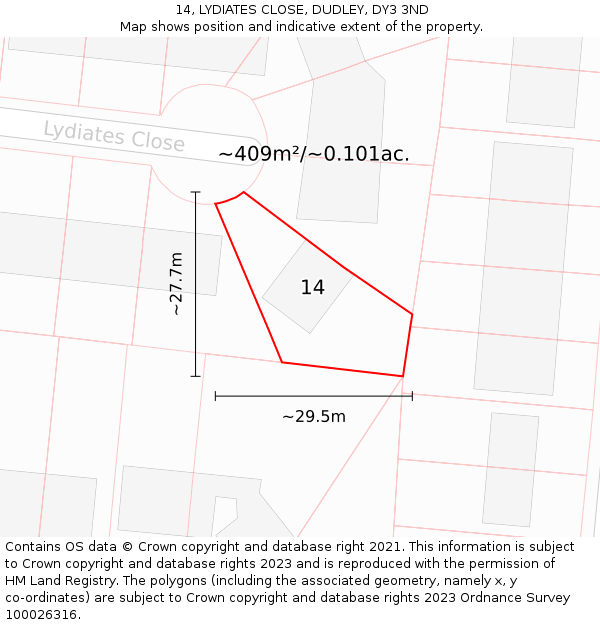 14, LYDIATES CLOSE, DUDLEY, DY3 3ND: Plot and title map