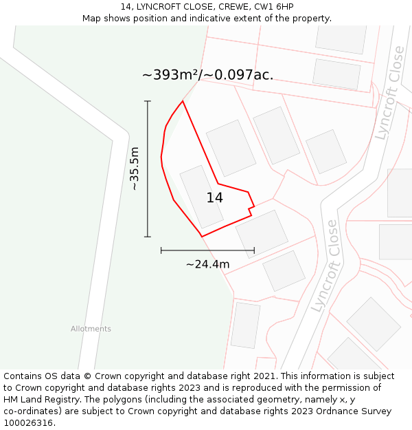 14, LYNCROFT CLOSE, CREWE, CW1 6HP: Plot and title map