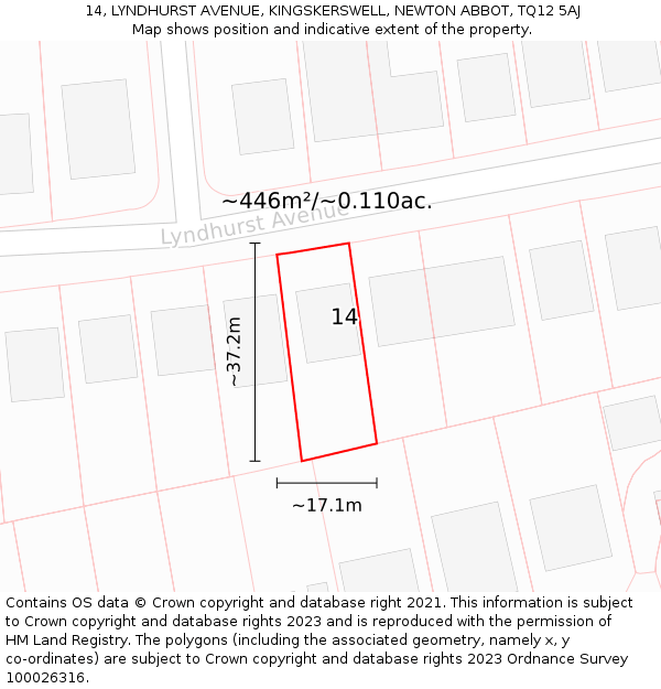 14, LYNDHURST AVENUE, KINGSKERSWELL, NEWTON ABBOT, TQ12 5AJ: Plot and title map