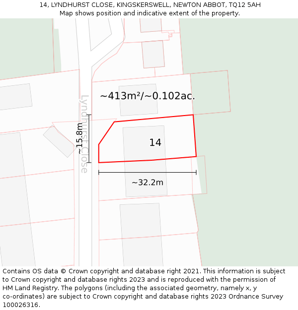 14, LYNDHURST CLOSE, KINGSKERSWELL, NEWTON ABBOT, TQ12 5AH: Plot and title map