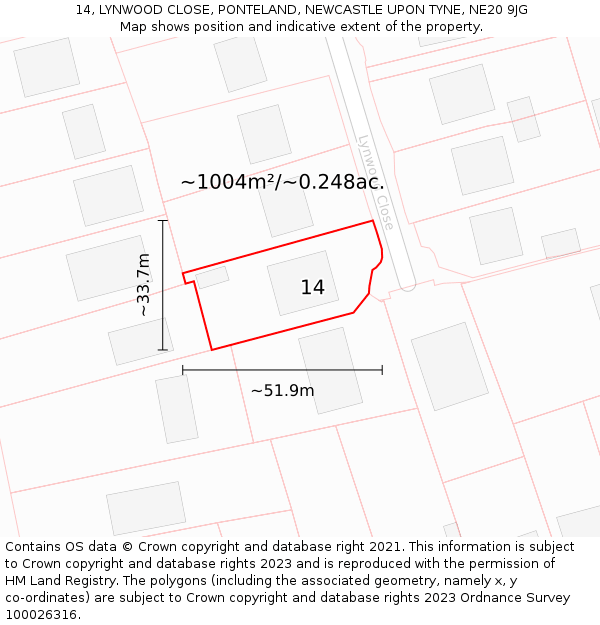 14, LYNWOOD CLOSE, PONTELAND, NEWCASTLE UPON TYNE, NE20 9JG: Plot and title map