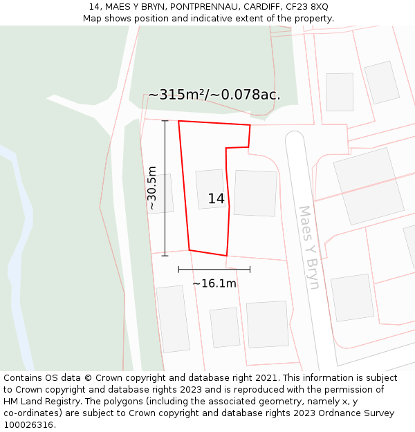 14, MAES Y BRYN, PONTPRENNAU, CARDIFF, CF23 8XQ: Plot and title map