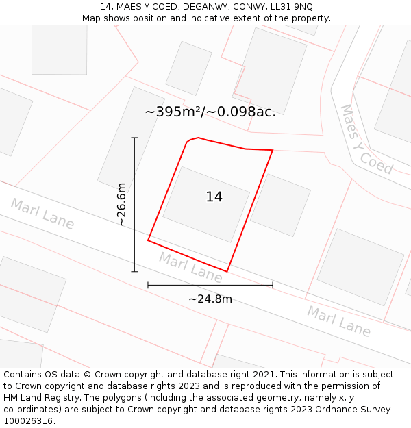 14, MAES Y COED, DEGANWY, CONWY, LL31 9NQ: Plot and title map