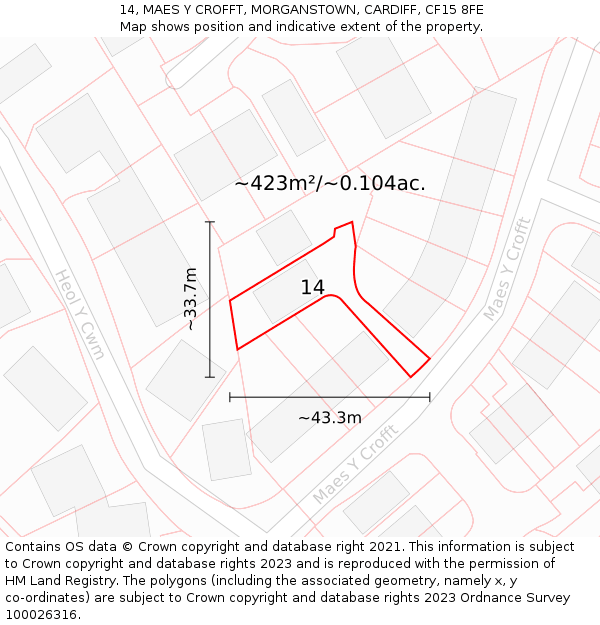 14, MAES Y CROFFT, MORGANSTOWN, CARDIFF, CF15 8FE: Plot and title map