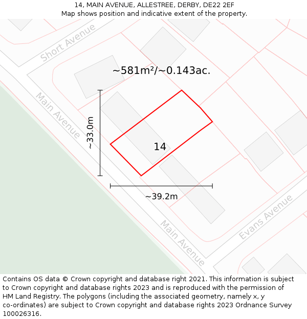 14, MAIN AVENUE, ALLESTREE, DERBY, DE22 2EF: Plot and title map