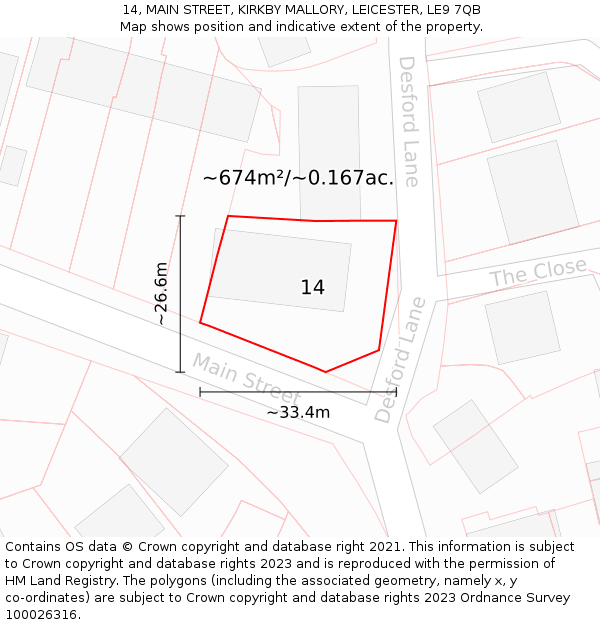 14, MAIN STREET, KIRKBY MALLORY, LEICESTER, LE9 7QB: Plot and title map