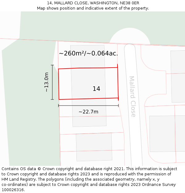 14, MALLARD CLOSE, WASHINGTON, NE38 0ER: Plot and title map