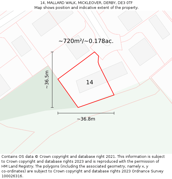 14, MALLARD WALK, MICKLEOVER, DERBY, DE3 0TF: Plot and title map