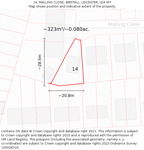 14, MALLING CLOSE, BIRSTALL, LEICESTER, LE4 4FY: Plot and title map