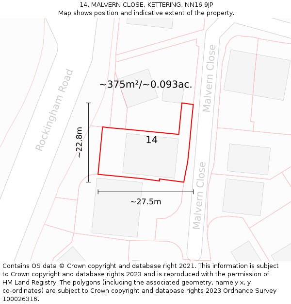 14, MALVERN CLOSE, KETTERING, NN16 9JP: Plot and title map