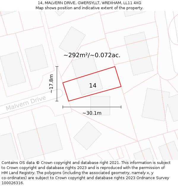 14, MALVERN DRIVE, GWERSYLLT, WREXHAM, LL11 4XG: Plot and title map