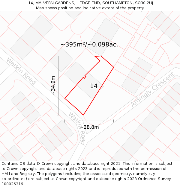 14, MALVERN GARDENS, HEDGE END, SOUTHAMPTON, SO30 2UJ: Plot and title map