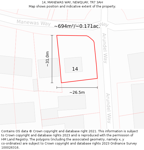 14, MANEWAS WAY, NEWQUAY, TR7 3AH: Plot and title map