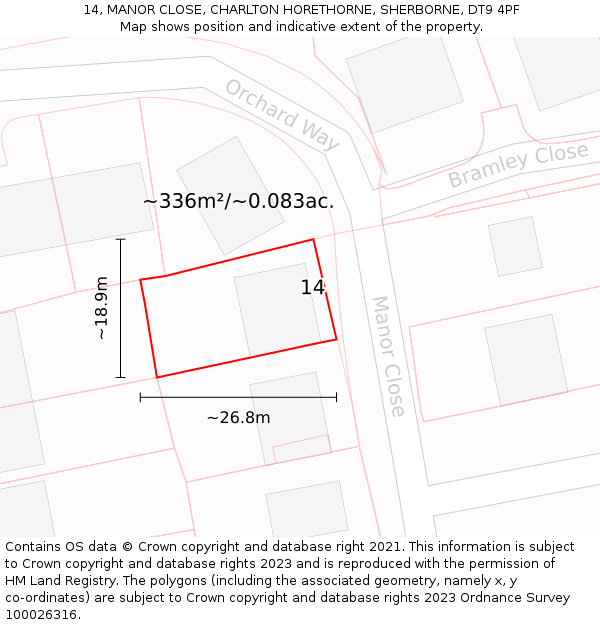 14, MANOR CLOSE, CHARLTON HORETHORNE, SHERBORNE, DT9 4PF: Plot and title map