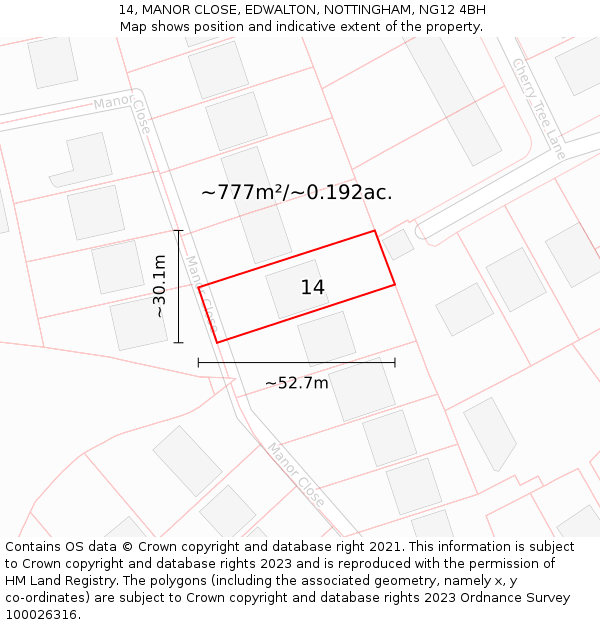 14, MANOR CLOSE, EDWALTON, NOTTINGHAM, NG12 4BH: Plot and title map