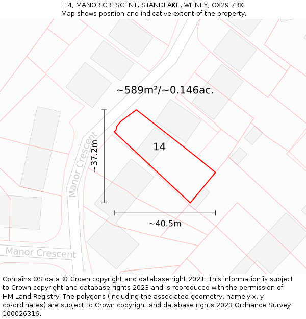 14, MANOR CRESCENT, STANDLAKE, WITNEY, OX29 7RX: Plot and title map