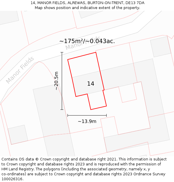 14, MANOR FIELDS, ALREWAS, BURTON-ON-TRENT, DE13 7DA: Plot and title map