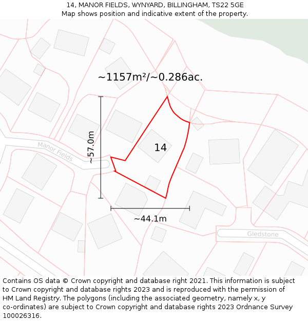 14, MANOR FIELDS, WYNYARD, BILLINGHAM, TS22 5GE: Plot and title map