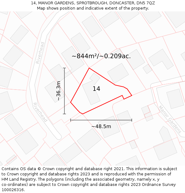 14, MANOR GARDENS, SPROTBROUGH, DONCASTER, DN5 7QZ: Plot and title map