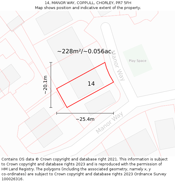 14, MANOR WAY, COPPULL, CHORLEY, PR7 5FH: Plot and title map