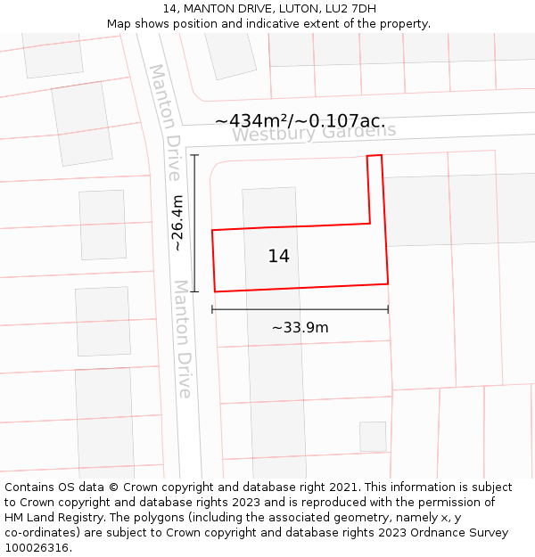 14, MANTON DRIVE, LUTON, LU2 7DH: Plot and title map