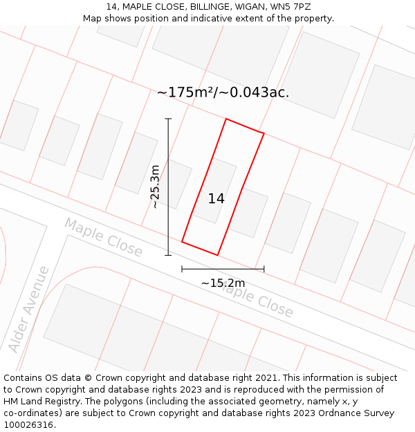 14, MAPLE CLOSE, BILLINGE, WIGAN, WN5 7PZ: Plot and title map