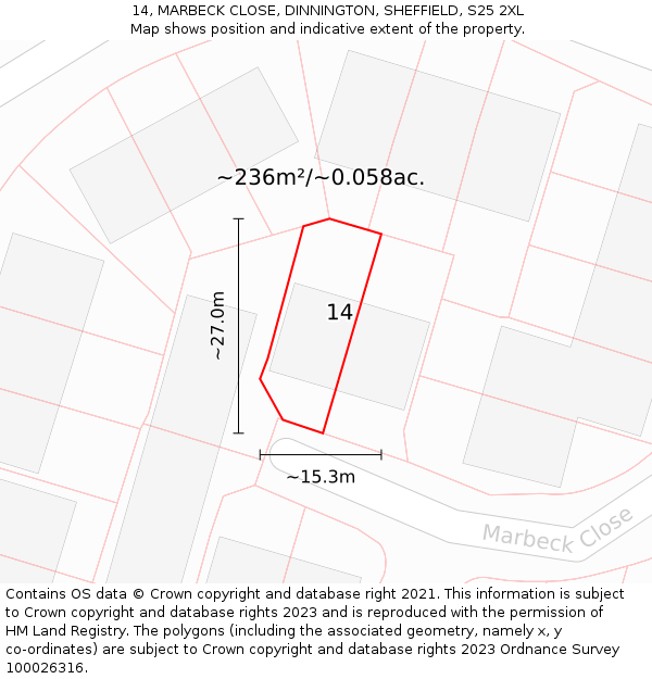 14, MARBECK CLOSE, DINNINGTON, SHEFFIELD, S25 2XL: Plot and title map