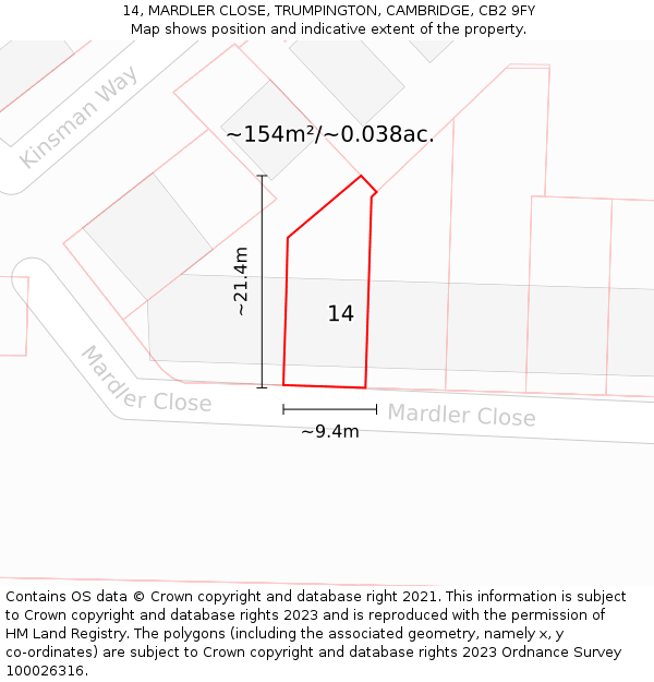 14, MARDLER CLOSE, TRUMPINGTON, CAMBRIDGE, CB2 9FY: Plot and title map