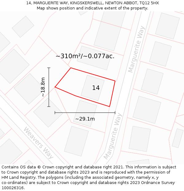 14, MARGUERITE WAY, KINGSKERSWELL, NEWTON ABBOT, TQ12 5HX: Plot and title map