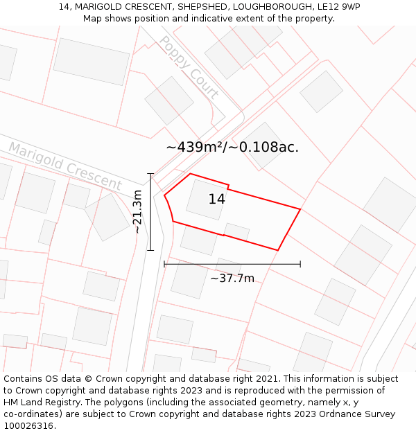 14, MARIGOLD CRESCENT, SHEPSHED, LOUGHBOROUGH, LE12 9WP: Plot and title map