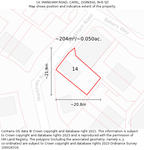 14, MARKHAM ROAD, CAPEL, DORKING, RH5 5JT: Plot and title map