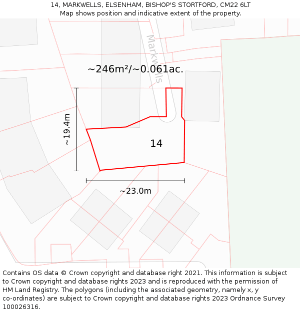 14, MARKWELLS, ELSENHAM, BISHOP'S STORTFORD, CM22 6LT: Plot and title map