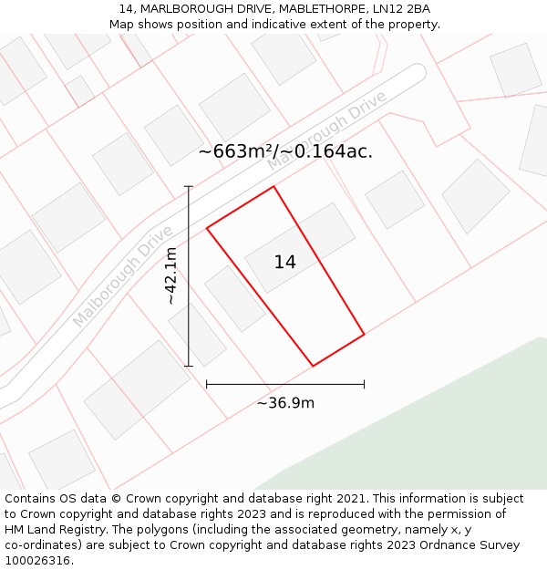 14, MARLBOROUGH DRIVE, MABLETHORPE, LN12 2BA: Plot and title map