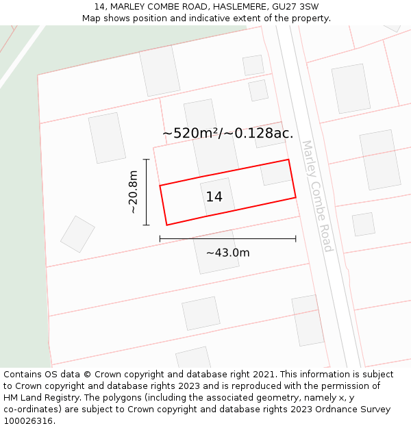 14, MARLEY COMBE ROAD, HASLEMERE, GU27 3SW: Plot and title map
