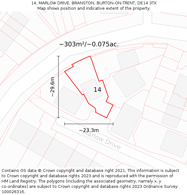 14, MARLOW DRIVE, BRANSTON, BURTON-ON-TRENT, DE14 3TX: Plot and title map