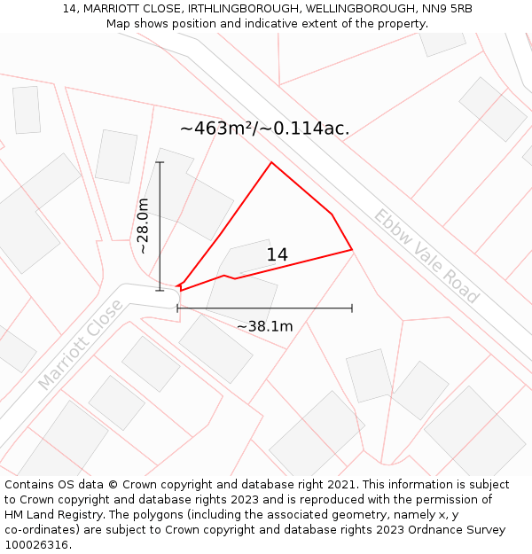 14, MARRIOTT CLOSE, IRTHLINGBOROUGH, WELLINGBOROUGH, NN9 5RB: Plot and title map