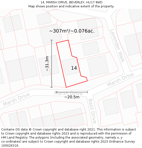 14, MARSH DRIVE, BEVERLEY, HU17 8WD: Plot and title map