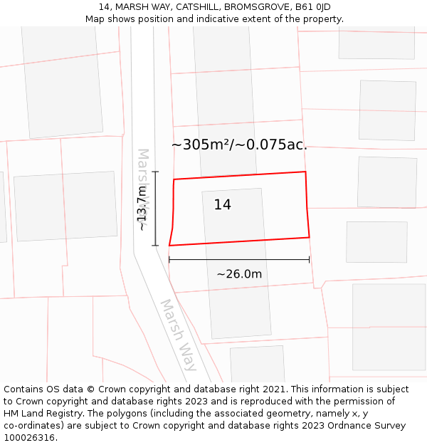 14, MARSH WAY, CATSHILL, BROMSGROVE, B61 0JD: Plot and title map