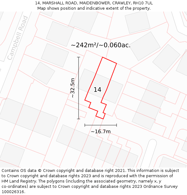 14, MARSHALL ROAD, MAIDENBOWER, CRAWLEY, RH10 7UL: Plot and title map