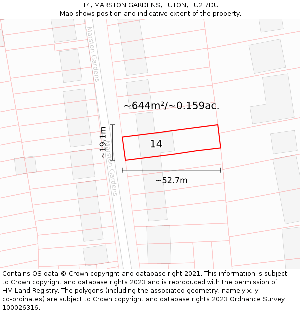 14, MARSTON GARDENS, LUTON, LU2 7DU: Plot and title map