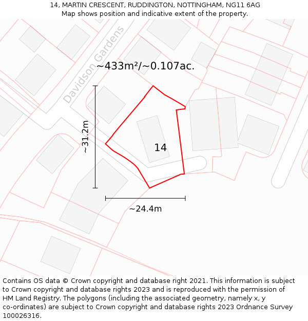 14, MARTIN CRESCENT, RUDDINGTON, NOTTINGHAM, NG11 6AG: Plot and title map