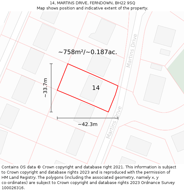 14, MARTINS DRIVE, FERNDOWN, BH22 9SQ: Plot and title map