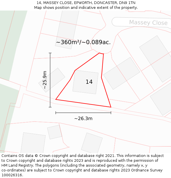 14, MASSEY CLOSE, EPWORTH, DONCASTER, DN9 1TN: Plot and title map