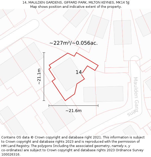 14, MAULDEN GARDENS, GIFFARD PARK, MILTON KEYNES, MK14 5JJ: Plot and title map