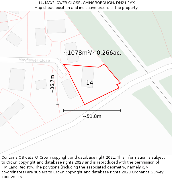 14, MAYFLOWER CLOSE, GAINSBOROUGH, DN21 1AX: Plot and title map