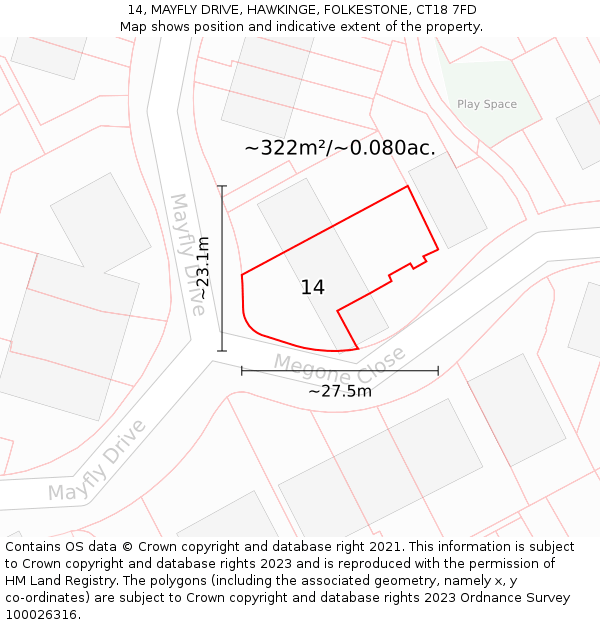 14, MAYFLY DRIVE, HAWKINGE, FOLKESTONE, CT18 7FD: Plot and title map